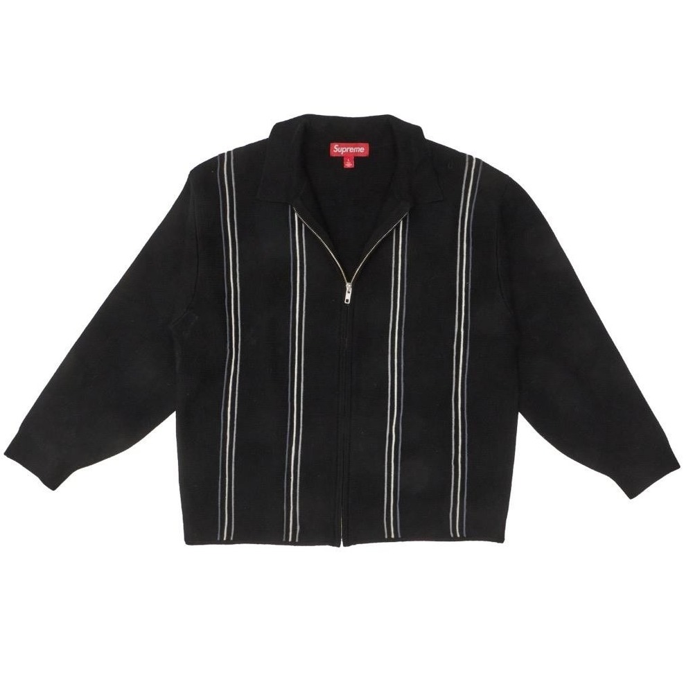 Supreme Knit Polo Full Zip Vertical Stripe Black Gray Sweater Size L Large